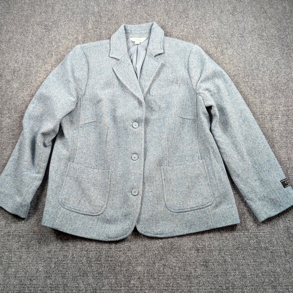 LL Bean Womens Blazer 1X Bellandi Italian Wool Silk Herringbone Blue Turquoise
